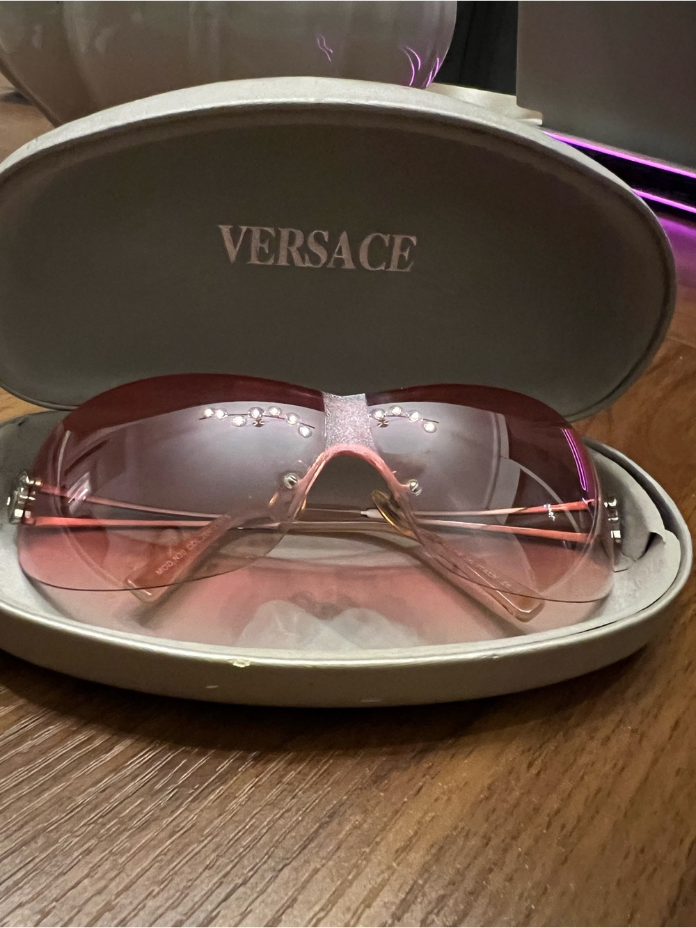 Versace Pink Gradient Shield Sunglasses with Crystal Accents